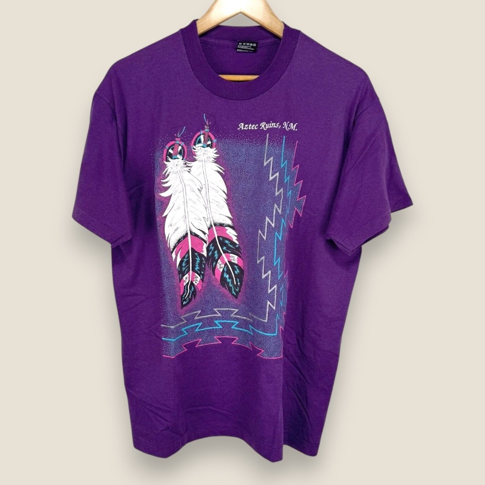 VTG Aztec Ruins New Mexico T-Shirt Men XL Purple Feathers Single Stitch USA